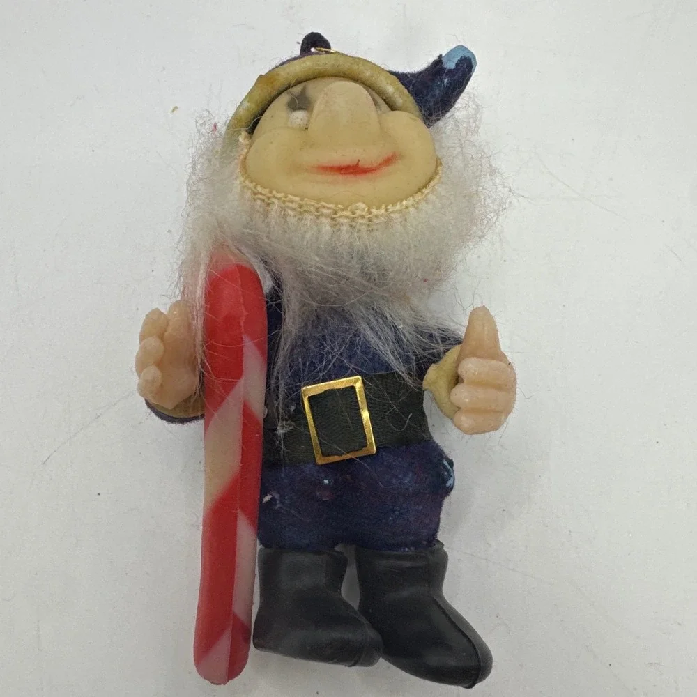 Vintage Christmas Elf Ornament Blue Felt Candy Cane Hong Kong Mid Century 4 Inch